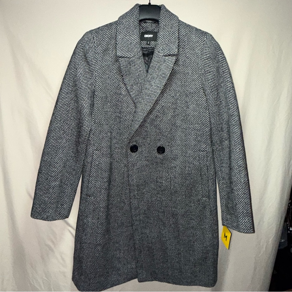 DKNY Women's Medium Black White Herringbone Coat Double Breasted NWT